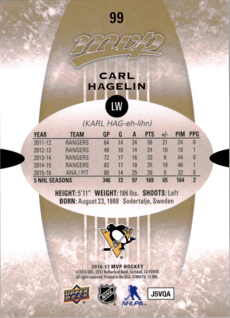 2016-17 Upper Deck MVP #99 Carl Hagelin back image