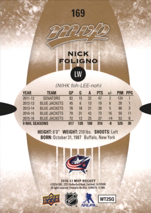 2016-17 Upper Deck MVP #169 Nick Foligno back image