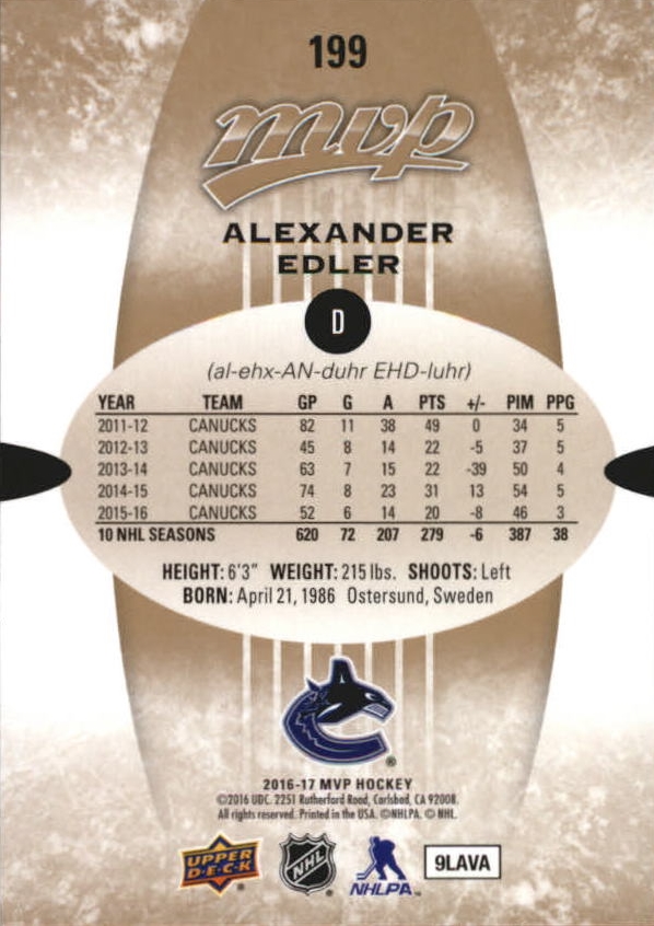 2016-17 Upper Deck MVP #199 Alexander Edler back image