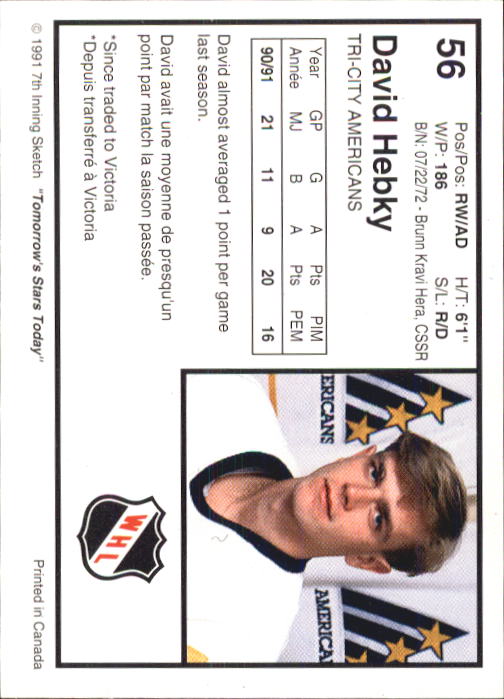1991-92 7th Innning Sketch WHL #56 David Hebky back image