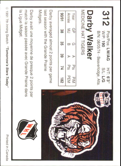 1991-92 7th Innning Sketch WHL #312 Darby Walker back image