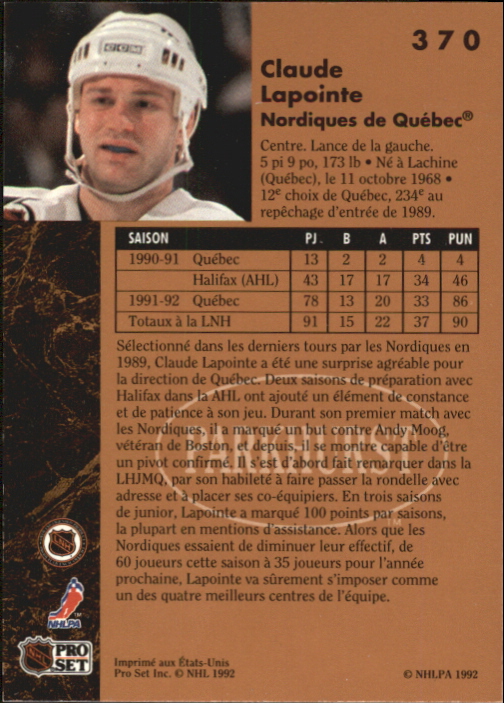 1991-92 Parkhurst French #370 Claude Lapointe RC back image