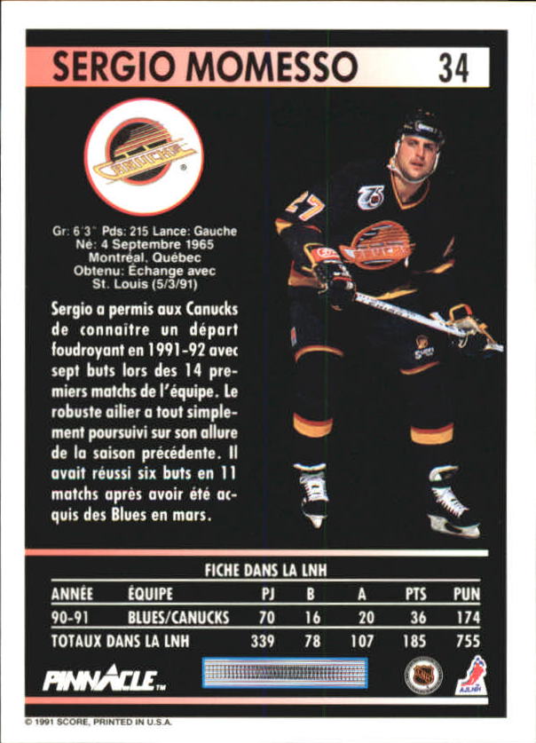 1991-92 Pinnacle French #34 Sergio Momesso back image