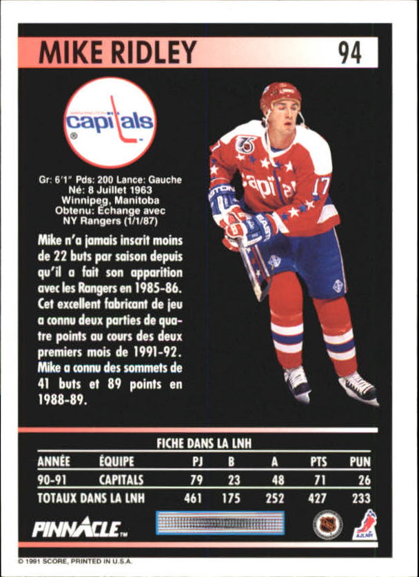 1991-92 Pinnacle French #94 Mike Ridley back image
