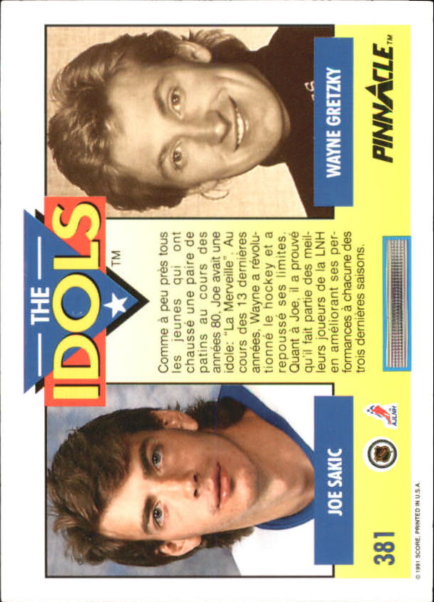 1991-92 Pinnacle French #381 Joe Sakic IDOL/(Wayne Gretzky) back image
