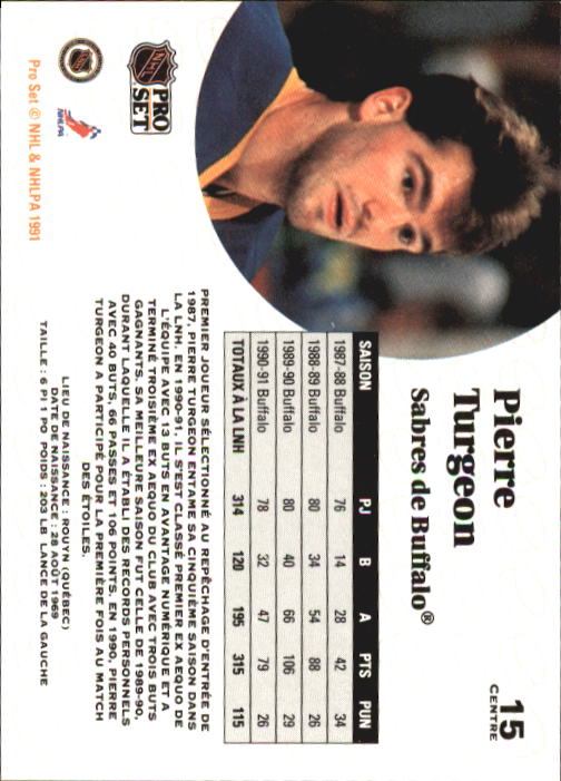 1991-92 Pro Set French #15 Pierre Turgeon UER/Born 8/29 not 8/28 back image