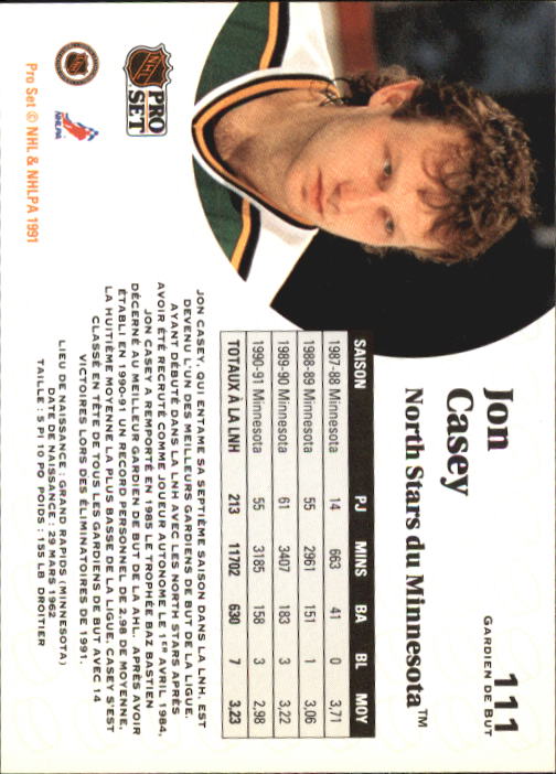 1991-92 Pro Set French #111 Jon Casey back image