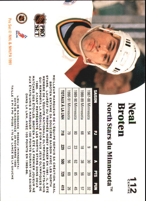 1991-92 Pro Set French #112 Neal Broten back image