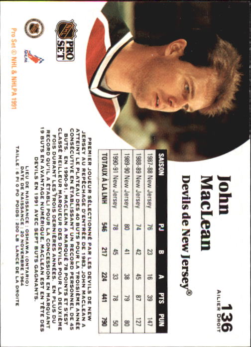 1991-92 Pro Set French #136 John MacLean back image