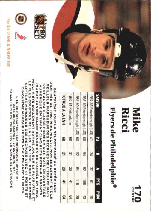 1991-92 Pro Set French #170 Mike Ricci back image