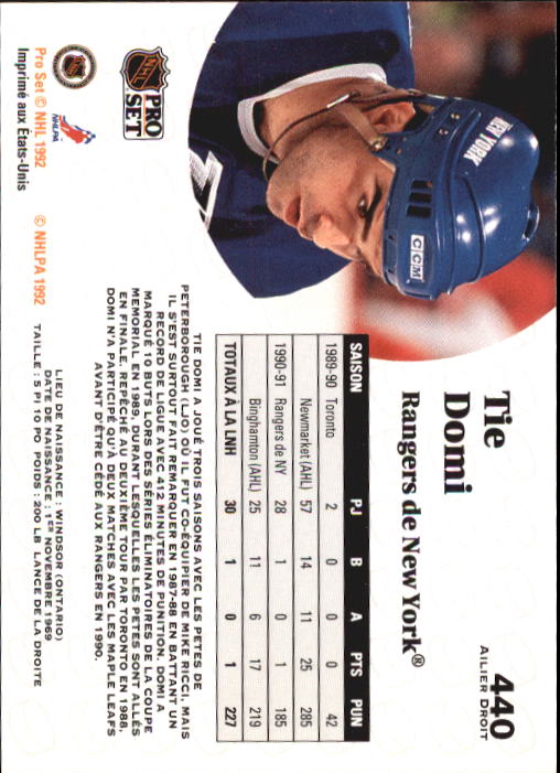 1991-92 Pro Set French #440 Tie Domi back image