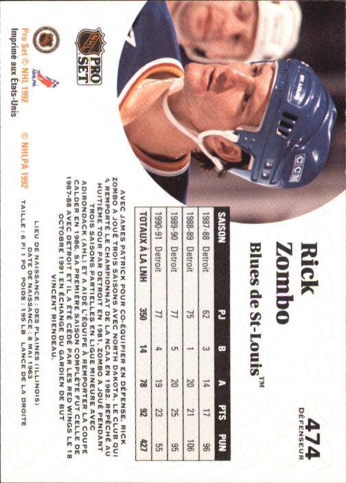 1991-92 Pro Set French #474 Rick Zombo back image