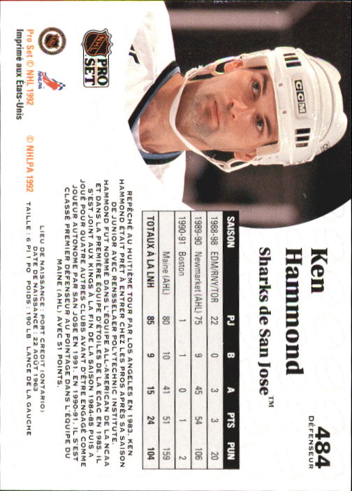 1991-92 Pro Set French #484 Ken Hammond RC back image