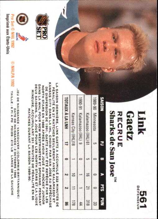 1991-92 Pro Set French #561 Link Gaetz back image