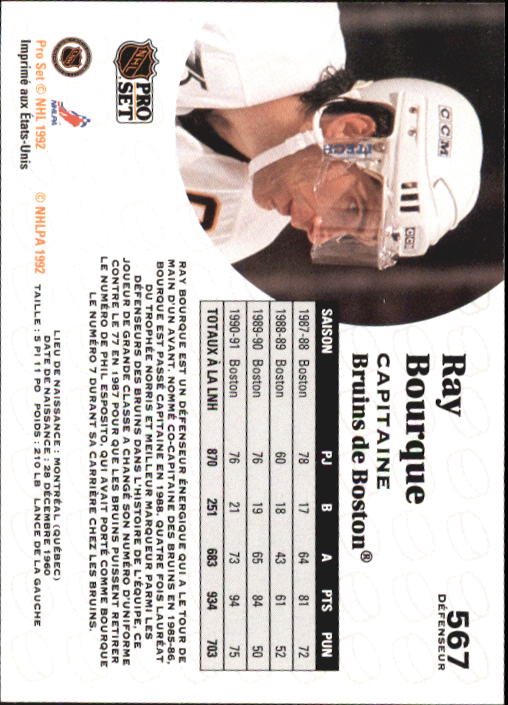 1991-92 Pro Set French #567 Ray Bourque CAP back image