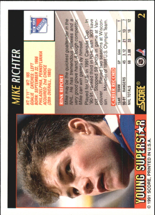 1991-92 Score Young Superstars #2 Mike Richter back image