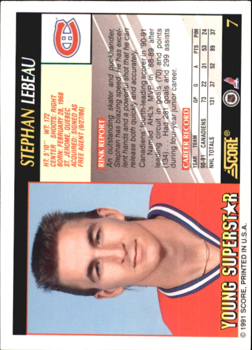 1991-92 Score Young Superstars #7 Stephan Lebeau back image