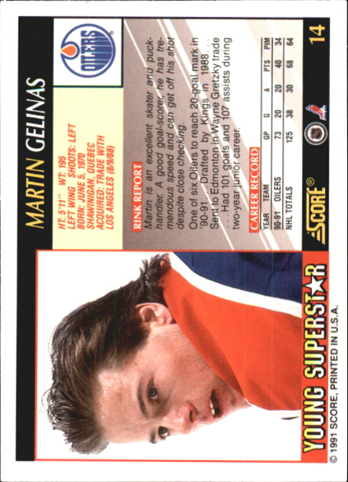 1991-92 Score Young Superstars #14 Martin Gelinas back image