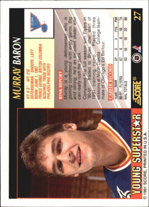 1991-92 Score Young Superstars #27 Murray Baron back image