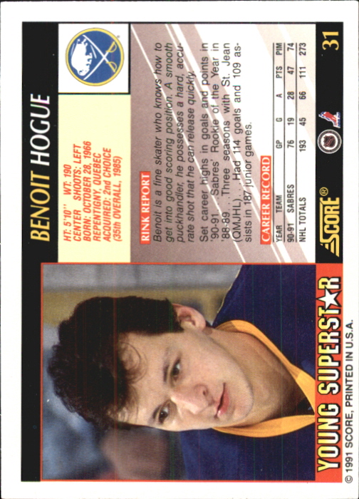 1991-92 Score Young Superstars #31 Benoit Hogue back image