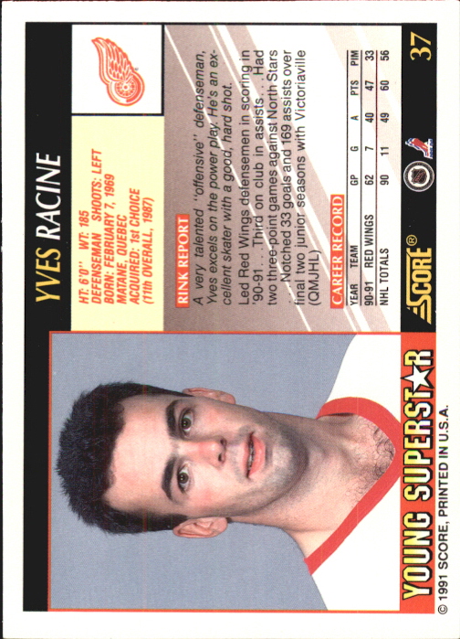 1991-92 Score Young Superstars #37 Yves Racine back image