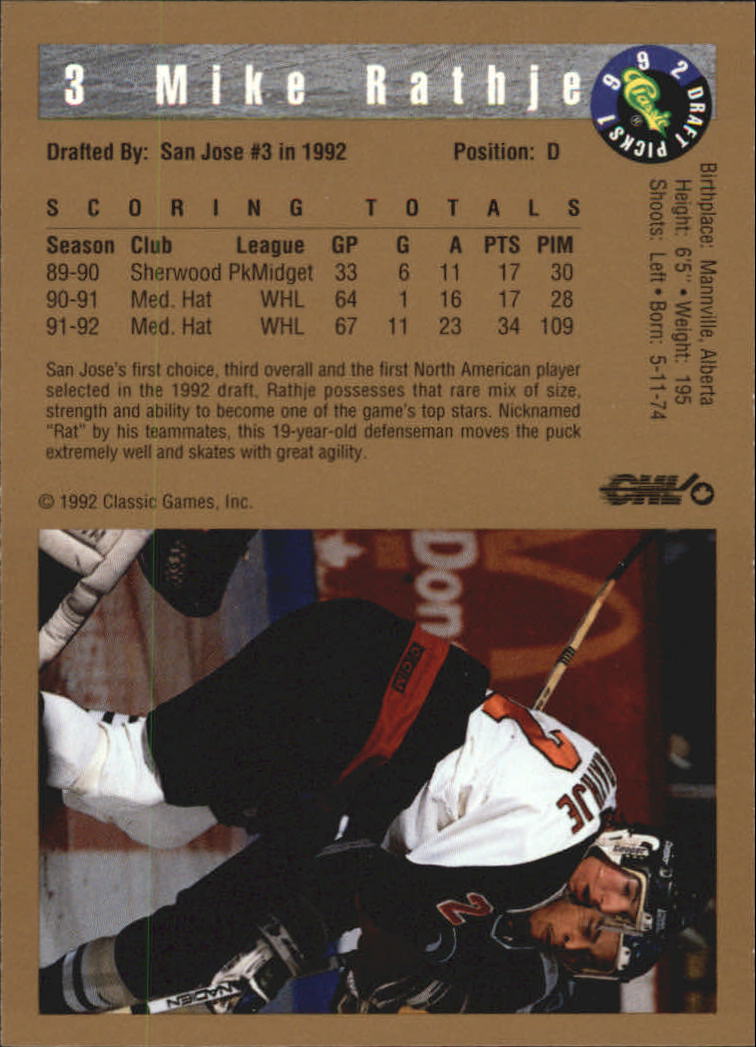 1992 Classic #3 Mike Rathje back image