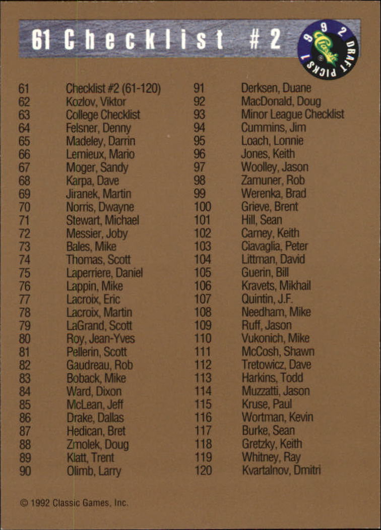 A8499- 1992 Classic Hockey Card #s 1-120 +Inserts -You Pick- 15+ FREE US SHIP - Picture 101 of 202