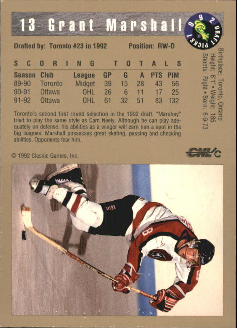 1992 Classic Gold #13 Grant Marshall back image