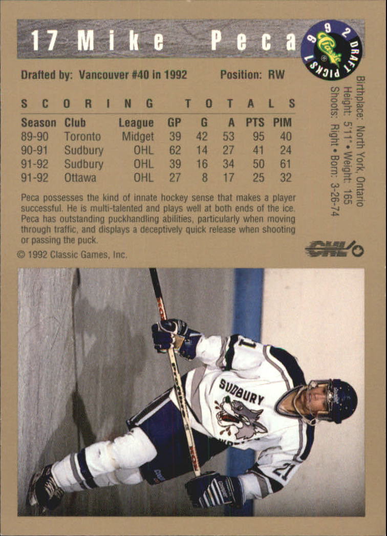 1992 Classic Gold #17 Mike Peca back image
