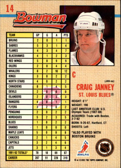 1992-93 Bowman #14 Craig Janney back image