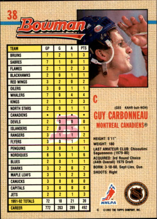 1992-93 Bowman #38 Guy Carbonneau back image