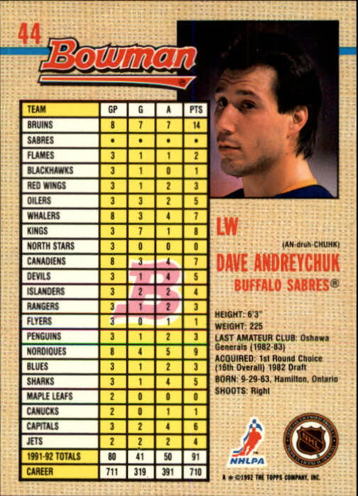 1992-93 Bowman #44 Dave Andreychuk back image