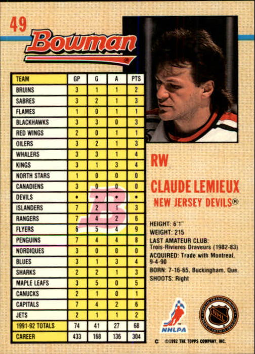 1992-93 Bowman #49 Claude Lemieux back image