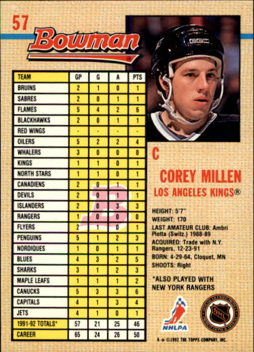 1992-93 Bowman #57 Corry Millen back image