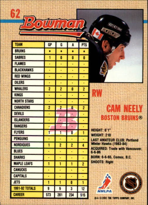 1992-93 Bowman #62 Cam Neely back image