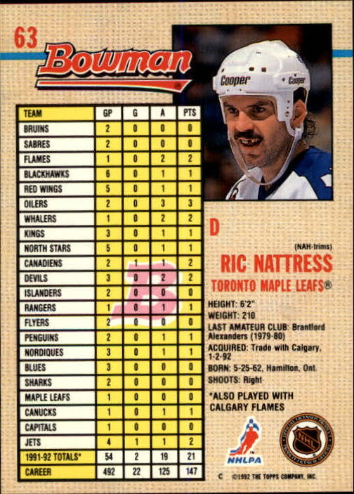 1992-93 Bowman #63 Ric Nattress back image