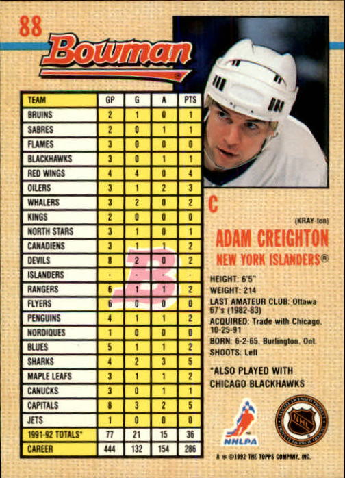 1992-93 Bowman #88 Adam Creighton back image