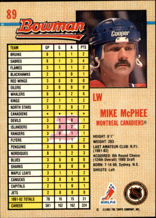 1992-93 Bowman #89 Mike McPhee back image