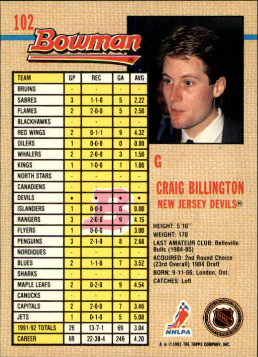 1992-93 Bowman #102 Craig Billington back image