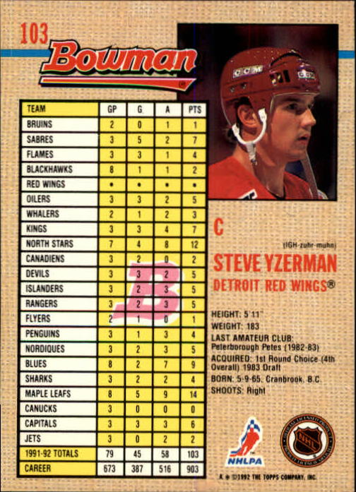 1992-93 Bowman #103 Steve Yzerman back image