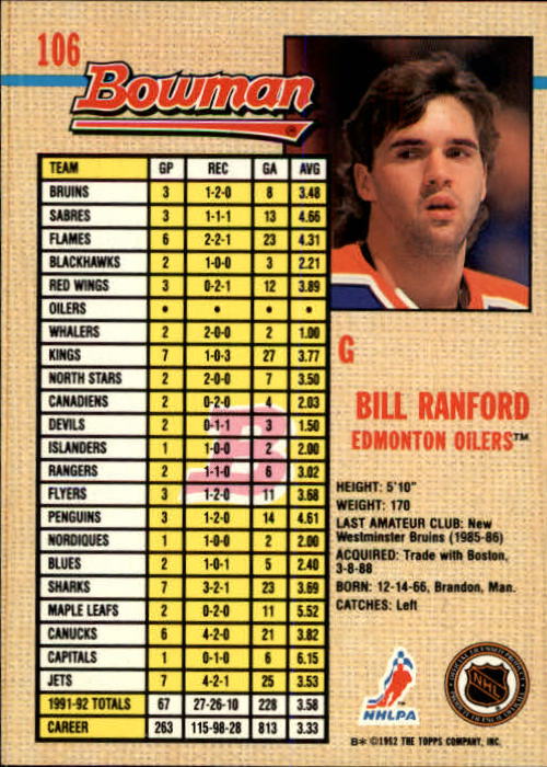 1992-93 Bowman #106 Bill Ranford back image