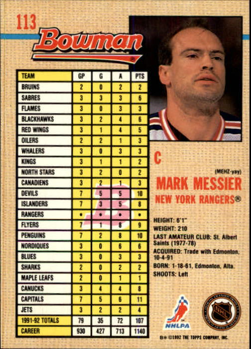 1992-93 Bowman #113 Mark Messier back image