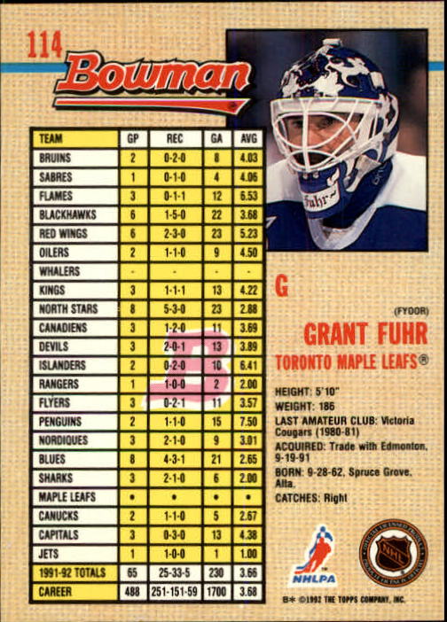 1992-93 Bowman #114 Grant Fuhr back image