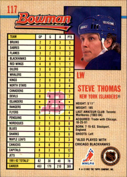 1992-93 Bowman #117 Steve Thomas back image