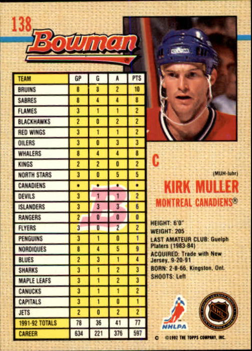 A8982- 1992-93 Bowman Hockey Karten 1-249 + Rookies -du Pick- 15 + Gratis US - Bild 265 von 407
