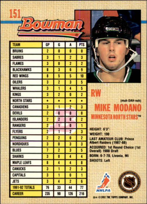 1992-93 Bowman #151 Mike Modano back image