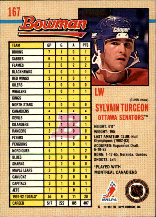 1992-93 Bowman #167 Sylvain Turgeon back image