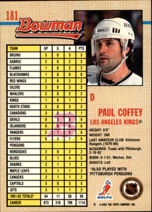 1992-93 Bowman #181 Paul Coffey back image