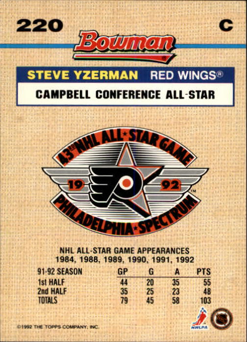 1992-93 Bowman #220 Steve Yzerman FOIL back image