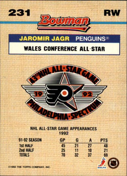 1992-93 Bowman #231 Jaromir Jagr FOIL back image